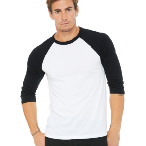 BELLA+CANVAS 3200 Unisex 3/4 Sleeve Baseball Tee (Black & White)