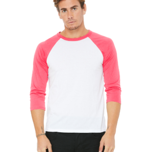 BELLA+CANVAS 3200 Unisex 3/4 Sleeve Baseball Tee (Neon Pink & White)