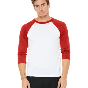 BELLA+CANVAS 3200 Unisex 3/4 Sleeve Baseball Tee (Red & White)